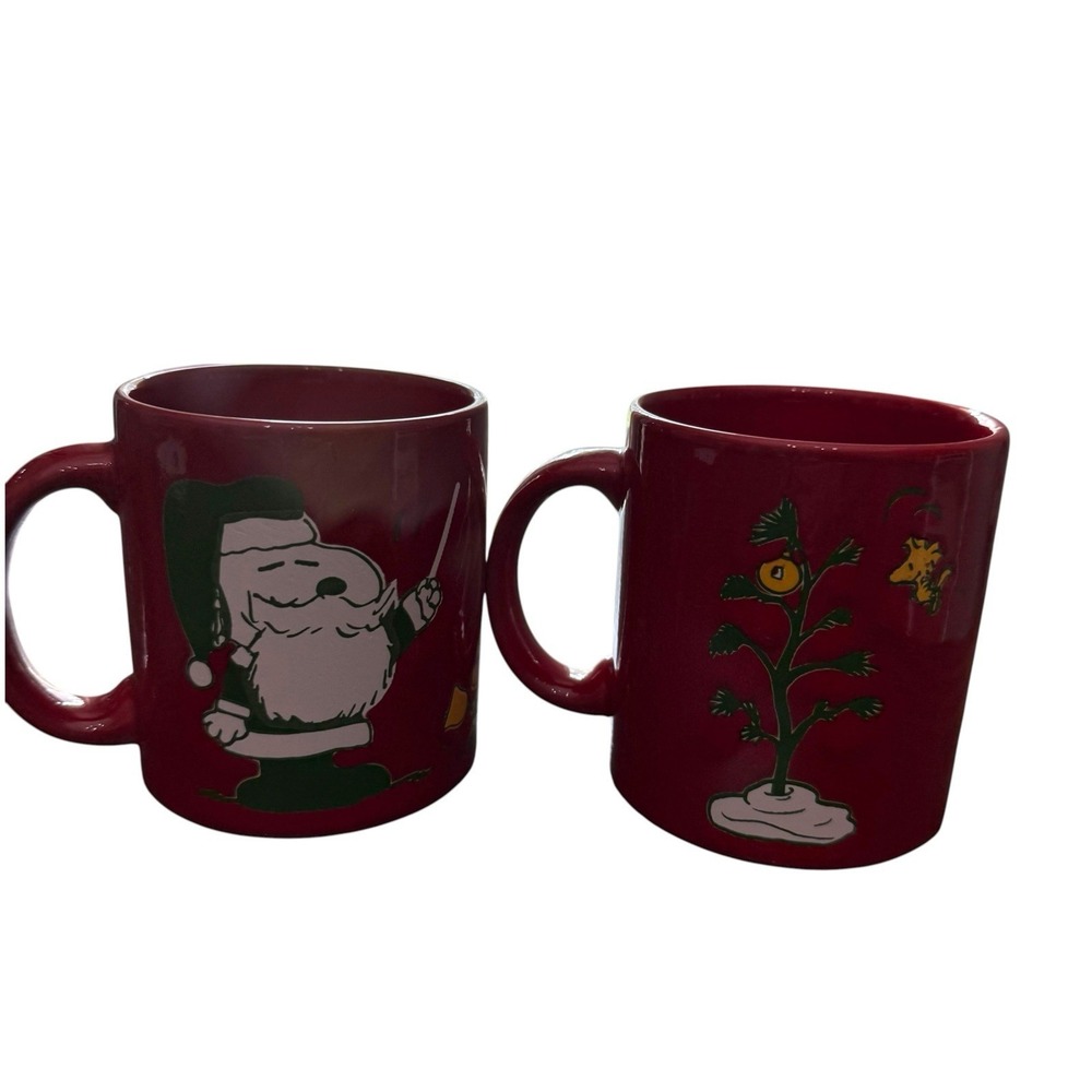 Waechtersbach Germany Peanuts Christmas Mugs Red Snoopy Santa Woodstock Set of 2